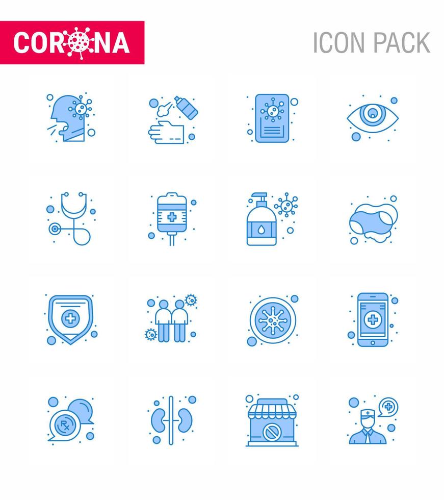 Coronavirus-Prävention Set Icons 16 blaues Symbol wie Gesundheitswesen Augenheilkunde Seife Sehvermögen Virus virales Coronavirus 2019nov Krankheitsvektor Designelemente vektor