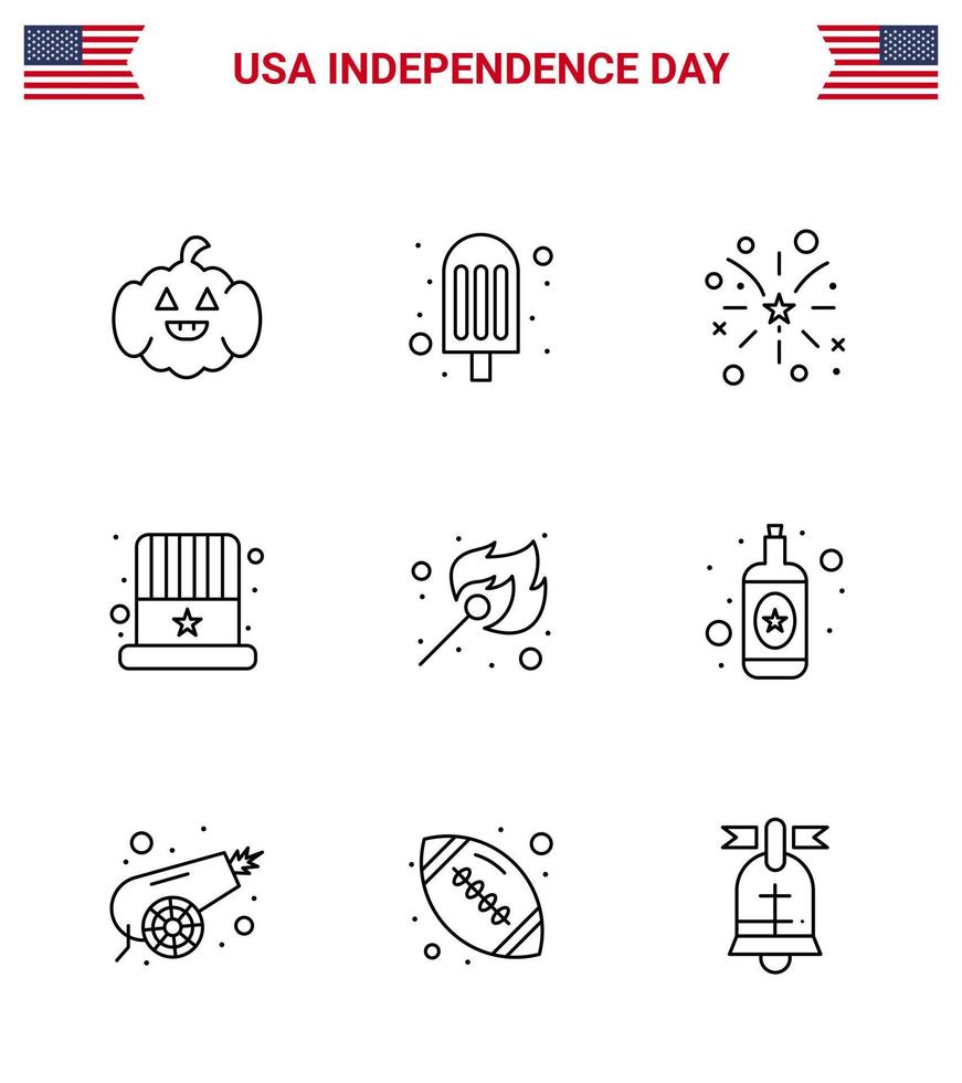 uppsättning av 9 USA dag ikoner amerikan symboler oberoende dag tecken för utomhus- brand amerikan camping hatt redigerbar USA dag vektor design element