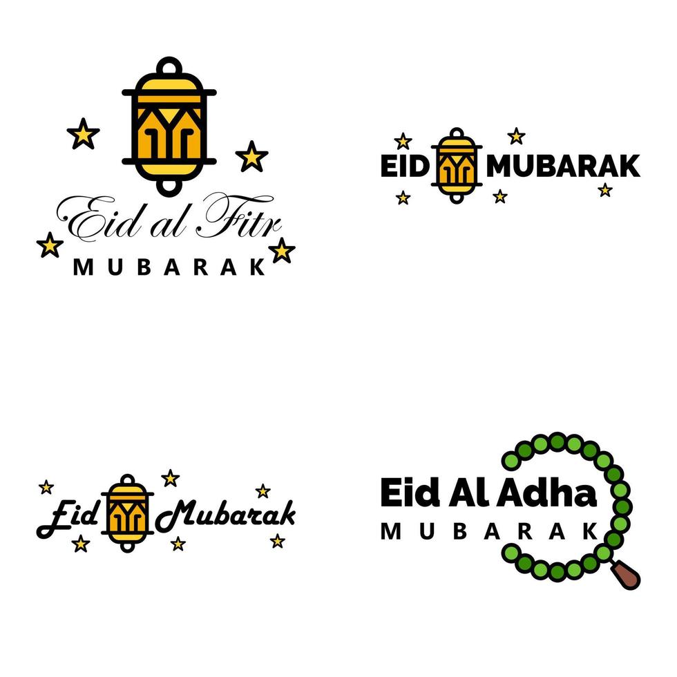 eid mubarak kalligrafie packung mit 4 grußbotschaften hängende sterne und mond auf isoliertem weißem hintergrund religiöser muslimischer feiertag vektor