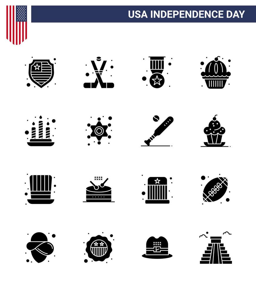 Packung mit 16 kreativen usa-unabhängigkeitstag-bezogenen soliden glyphen des feuerkuchenpreises gibt amerikanische editierbare usa-tag-vektordesignelemente an vektor