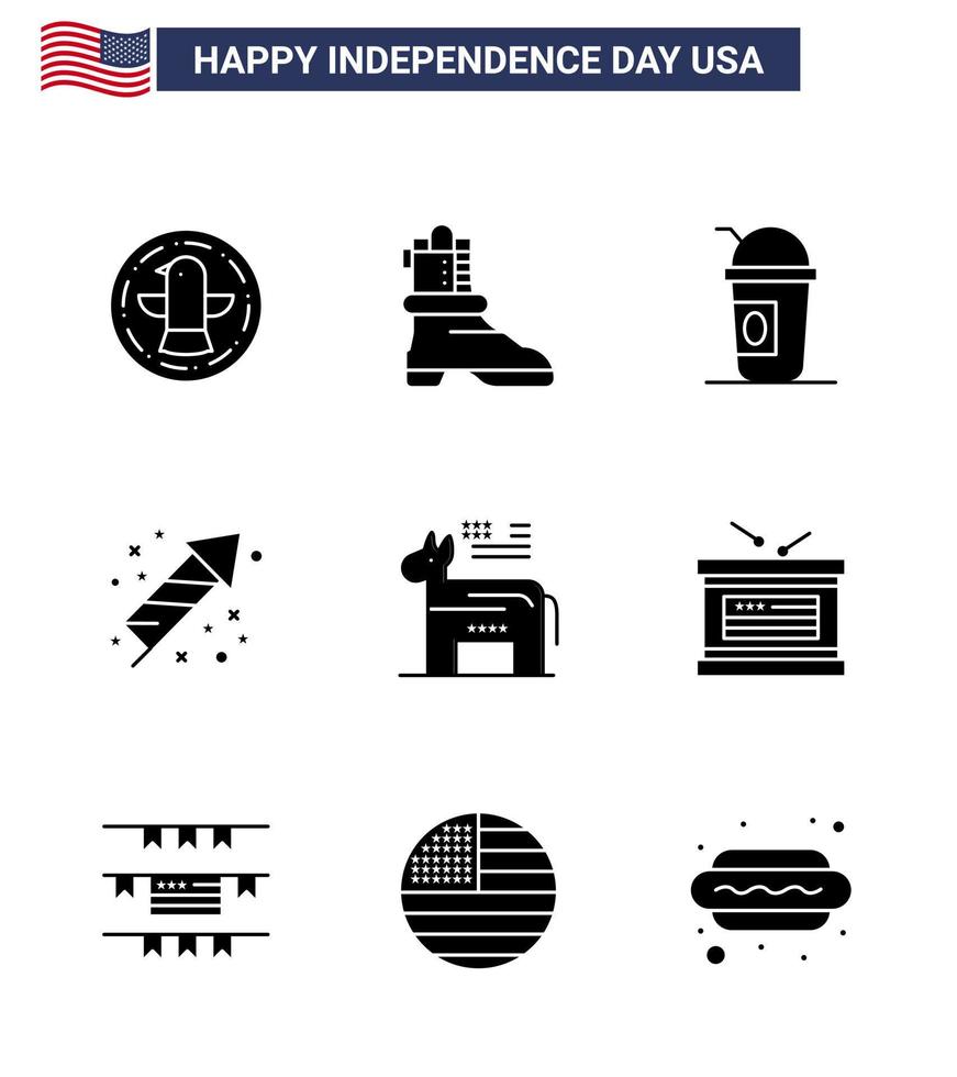 Lycklig oberoende dag packa av 9 fast glyfer tecken och symboler för politisk åsna amerikan Semester fest redigerbar USA dag vektor design element