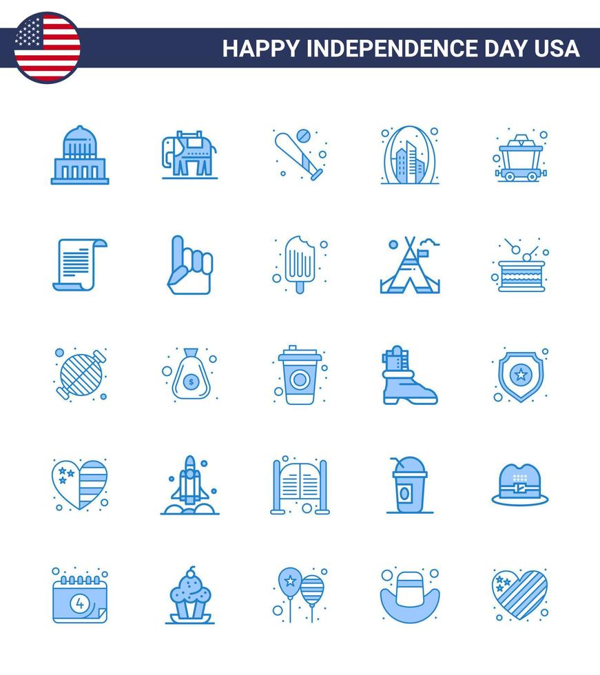 Lycklig oberoende dag 4:e juli uppsättning av 25 blues amerikan pictograph av vagn landmärke baseboll Port båge redigerbar USA dag vektor design element