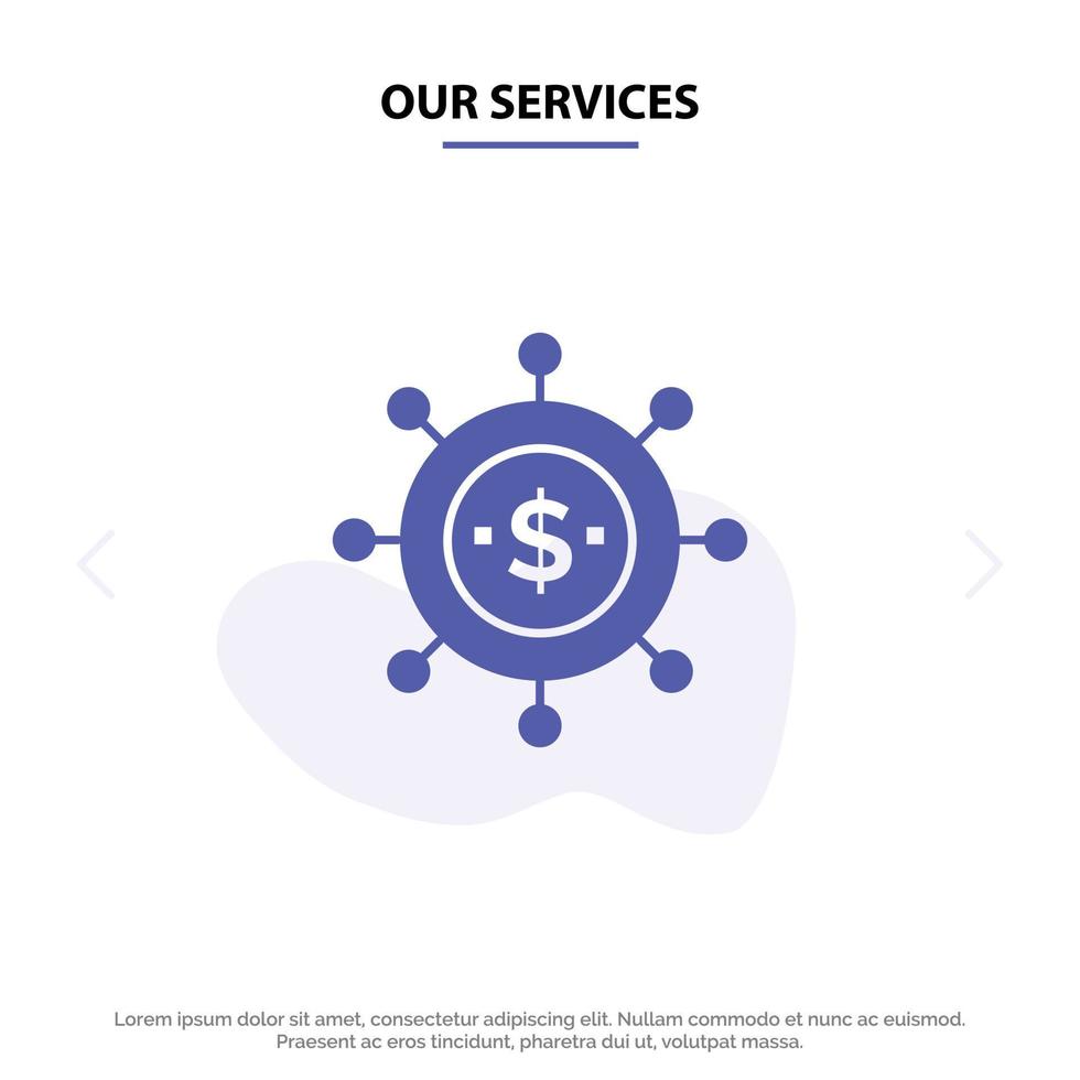 unsere dienstleistungen betriebswirtschaft global moderne solide glyph icon web card template vektor