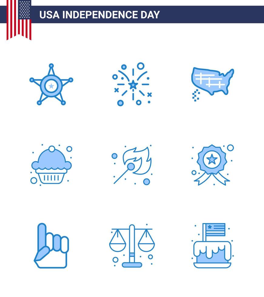 Usa Happy Independence Day Piktogramm Set von 9 einfachen Blues of Match Camping Karte Muffin Kuchen editierbare Usa Day Vektor Design Elemente