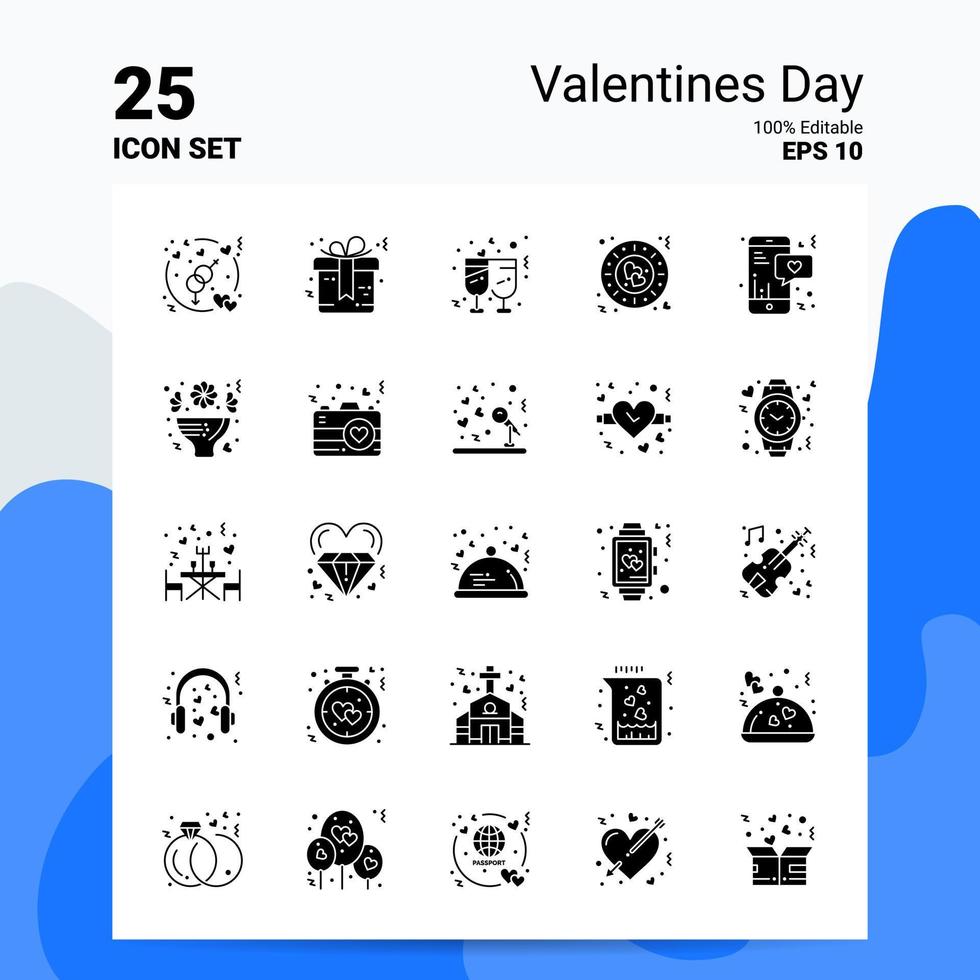 25 valentines dag ikon uppsättning 100 redigerbar eps 10 filer företag logotyp begrepp idéer fast glyf ikon design vektor