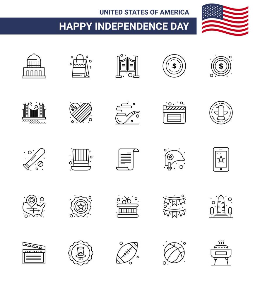 Packung mit 25 Usa-Unabhängigkeitstag-Feierlinien Zeichen und 4. Juli-Symbolen wie Dollar Usa Door Maony American Editable Usa Day Vector Design Elements