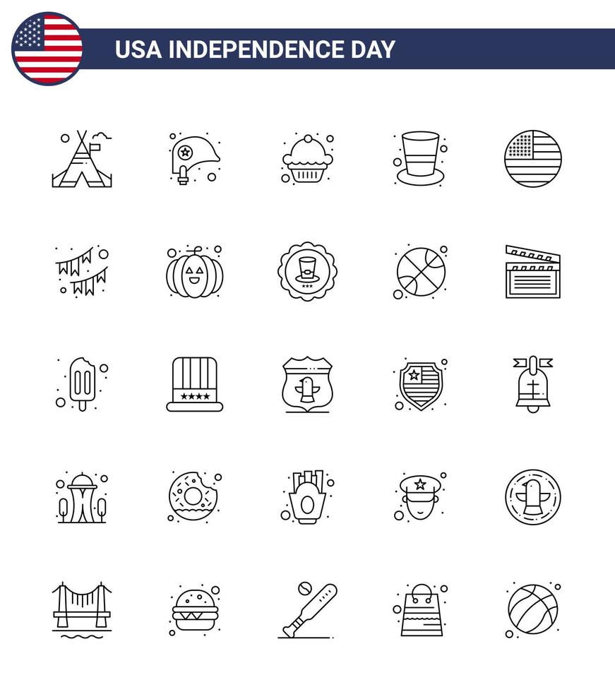 glücklicher unabhängigkeitstag 4. juli satz von 25 linien amerikanisches piktogramm von danksagung amerikanische kuchenzauberhutkappe editierbare usa-tagesvektordesignelemente vektor