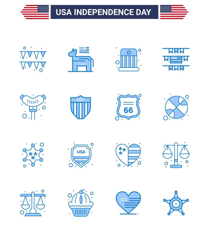 16 USA blå packa av oberoende dag tecken och symboler av amerikan frankfurter underhållning mat fest dekoration redigerbar USA dag vektor design element