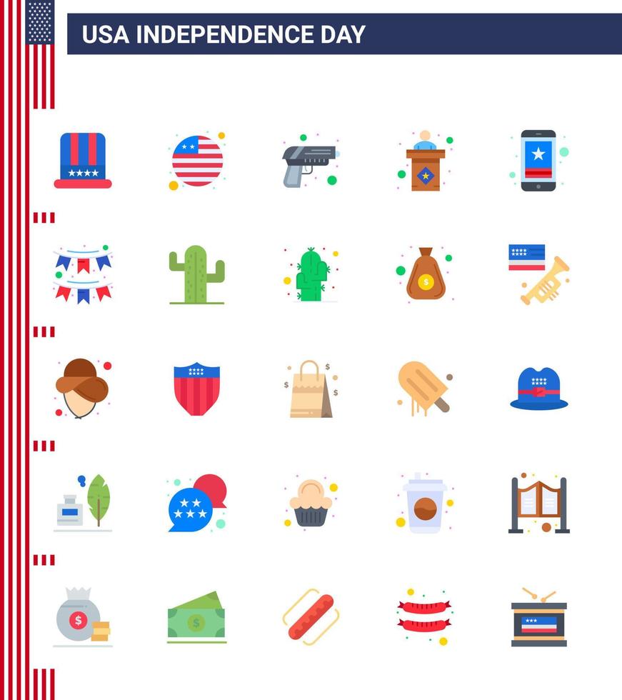 Happy Independence Day Pack mit 25 flachen Zeichen und Symbolen für die Wahl von bearbeitbaren US-Tag-Vektor-Designelementen für die Sicherheitszeichenwahl von Smartphones vektor