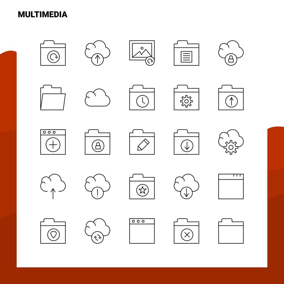 Satz von Multimedia-Liniensymbolen Set 25 Symbole Vektor-Minimalismus-Stildesign Schwarze Symbole setzen lineares Piktogrammpaket vektor