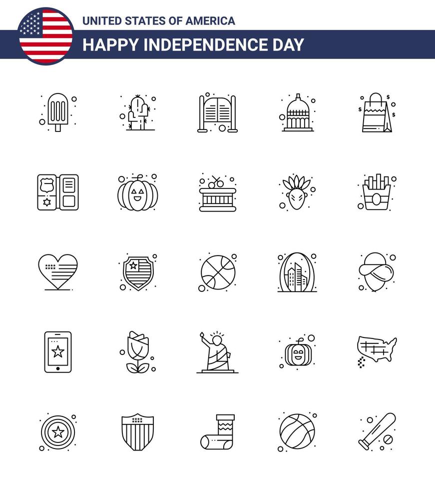 Usa Happy Independence Day Piktogramm Set aus 25 einfachen Linien von Handtaschen Usa Türen Statehouse Indiana editierbare Usa Day Vektor Design Elemente
