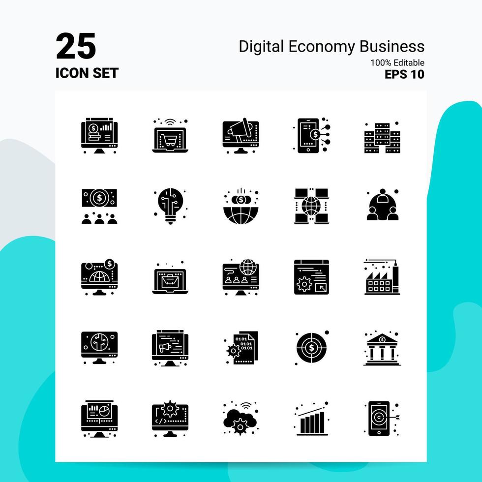 25 digital ekonomi företag ikon uppsättning 100 redigerbar eps 10 filer företag logotyp begrepp idéer fast glyf ikon design vektor