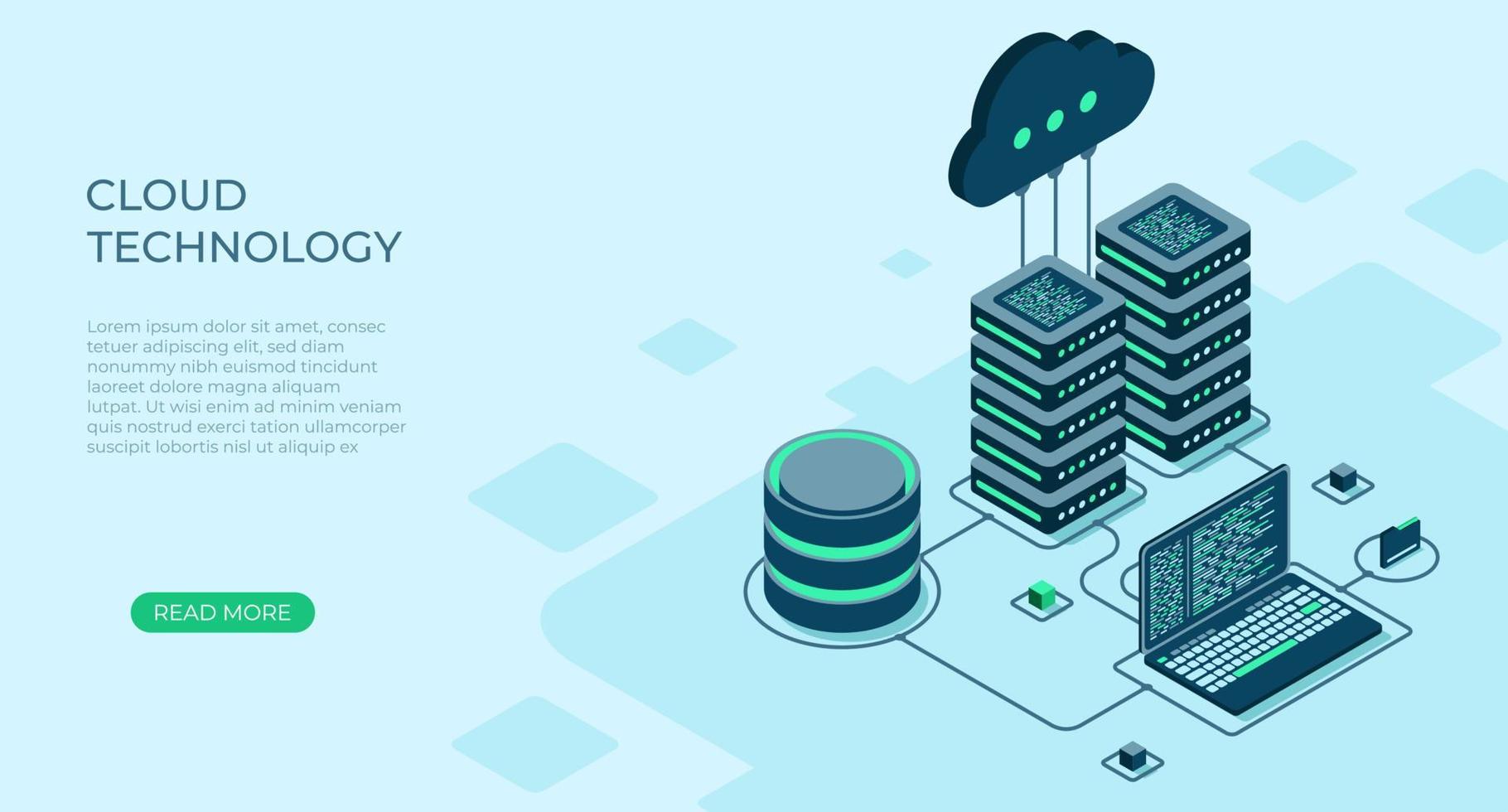 isometrische cloud-technologie mit rechenzentrum und laptop. Webhosting-Konzept. Cloud-Technologie-Computing-Konzept. moderne Cloud-Technologie. Vektor-Illustration vektor