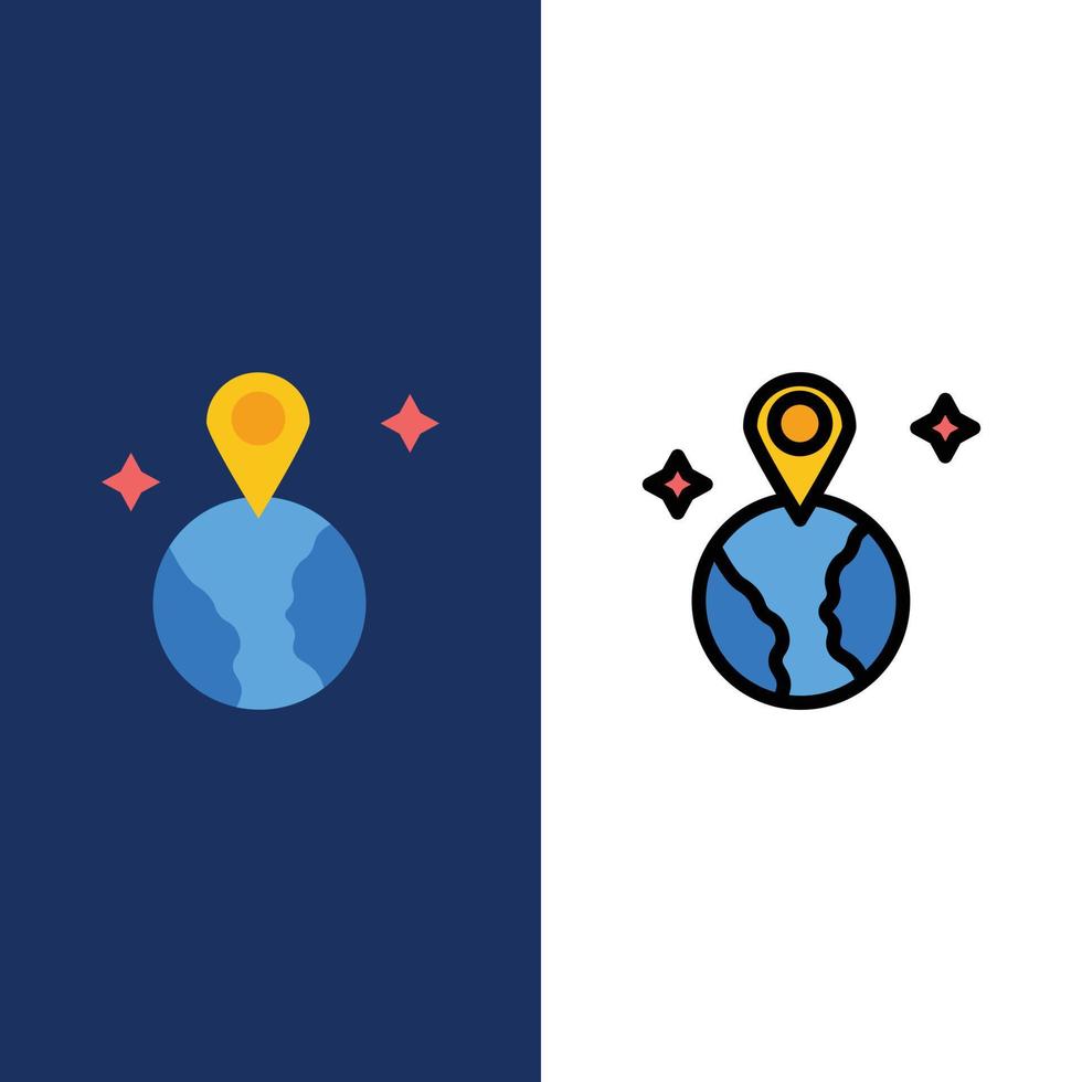 Weltkarte Standort Symbole flach und Linie gefüllt Icon Set Vektor blauen Hintergrund