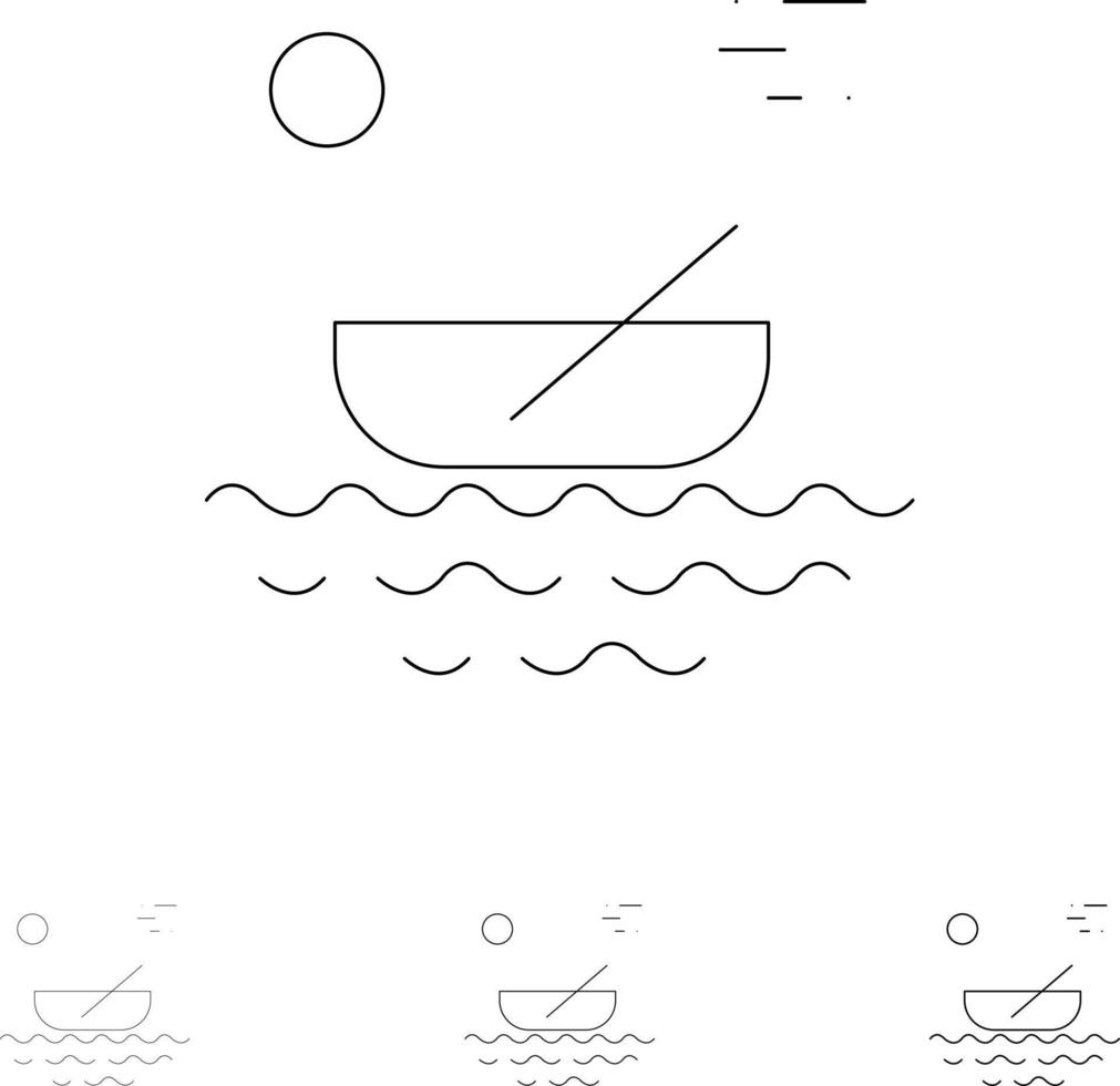 båt kanoter kajak flod transport djärv och tunn svart linje ikon uppsättning vektor
