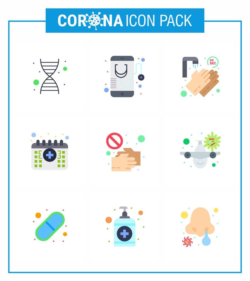 Corona-Virus-Krankheit 9 flaches Farb-Icon-Pack saugt, während die Handzeit einen Arzttermin übergibt virales Coronavirus 2019nov-Krankheitsvektor-Designelemente vektor