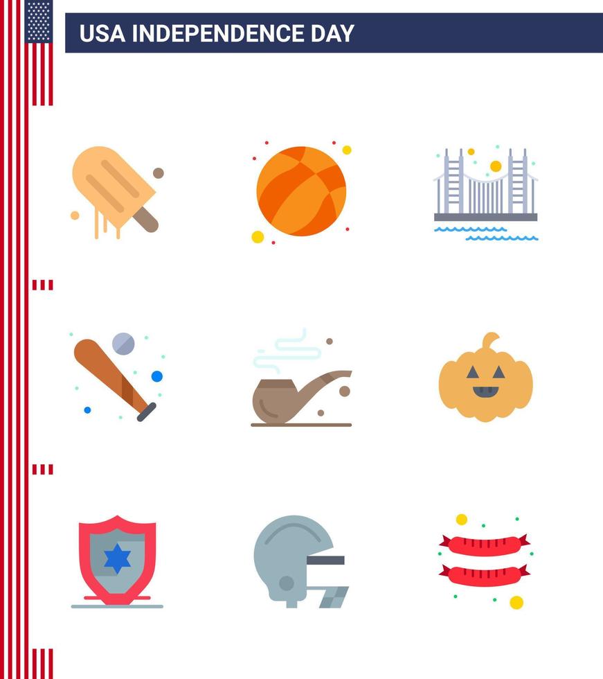 USA oberoende dag platt uppsättning av 9 USA piktogram av sporter baseboll bro boll turism redigerbar USA dag vektor design element