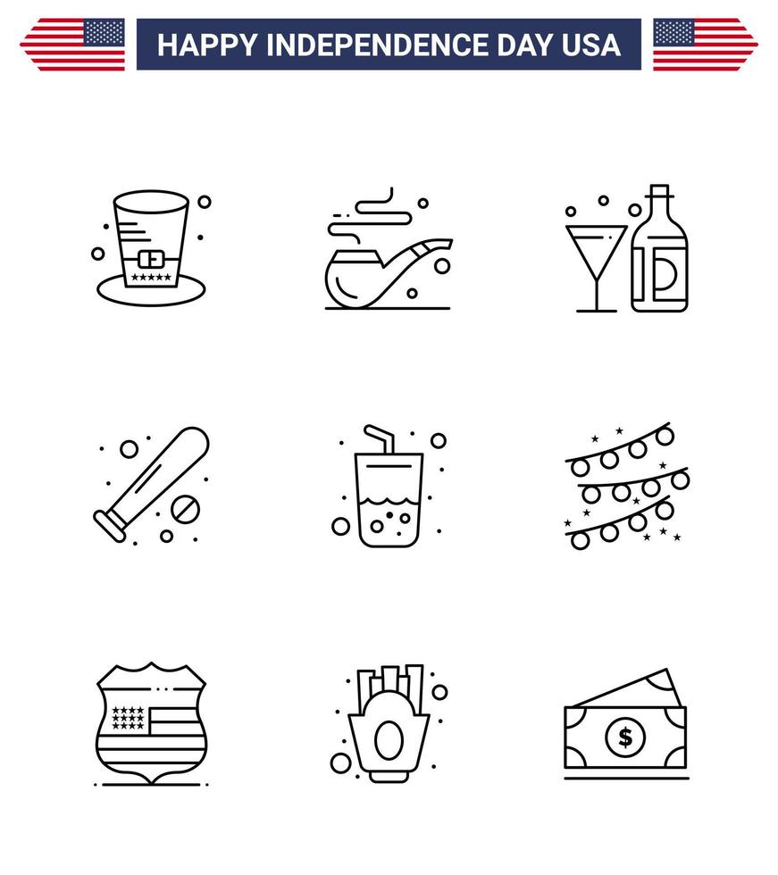 Happy Independence Day Pack mit 9 Zeilen Zeichen und Symbolen für Glassportweinfledermausball editierbare usa-Tag-Vektordesign-Elemente vektor