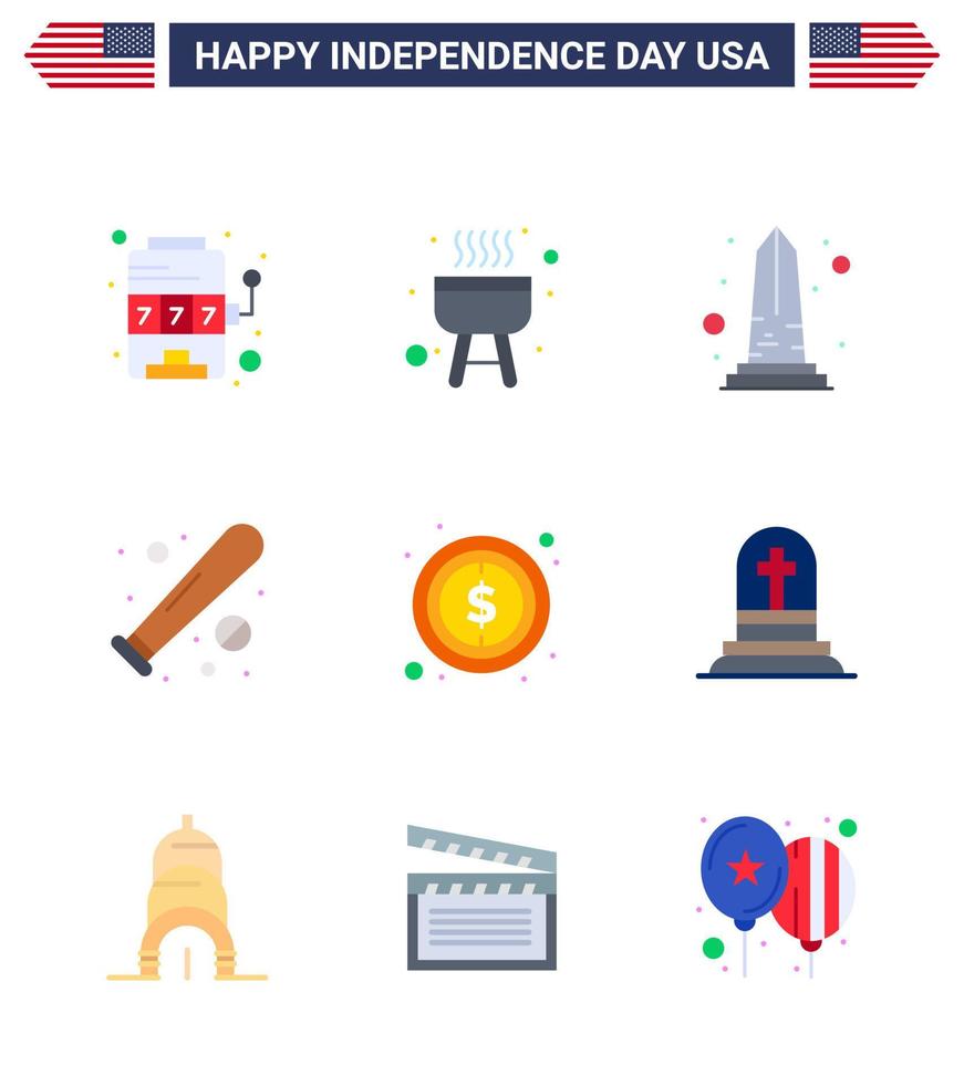 9 USA platt packa av oberoende dag tecken och symboler av USA sporter monument fladdermus boll redigerbar USA dag vektor design element