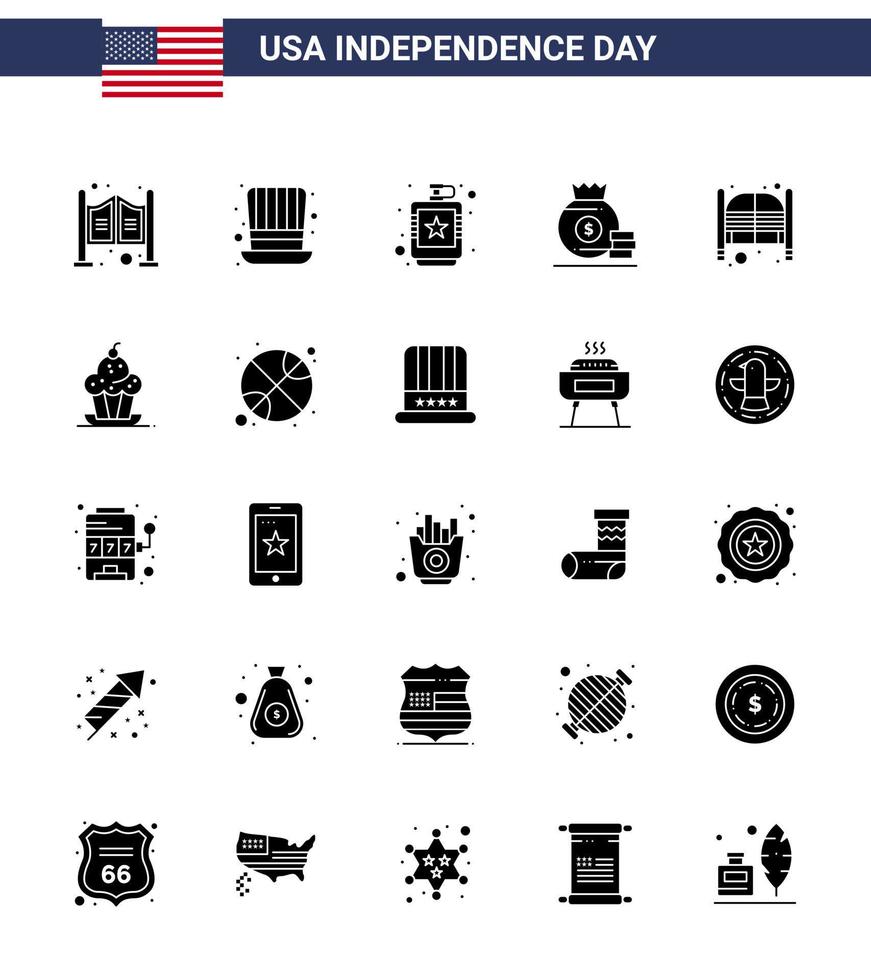 25 usa Solid Glyph Pack of Independence Day Zeichen und Symbole von Bar Geld Alkoholische Tasche Flüssigkeit editierbare usa Day Vektor Design Elemente