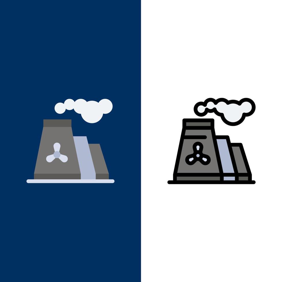 Fabrik Verschmutzung Produktion Rauch Symbole flach und Linie gefüllt Icon Set Vektor blauen Hintergrund