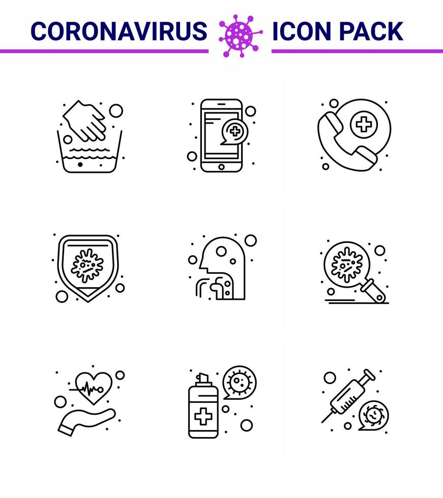 Corona-Virus 2019 und 2020 Epidemie 9-Zeilen-Icon-Pack wie Mann Husten Arzt auf Abruf Virusbakterien virales Coronavirus 2019nov Krankheitsvektor-Designelemente vektor