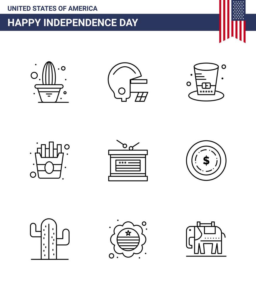 Happy Independence Day Pack mit 9 Zeilen Zeichen und Symbolen für Independence Day Holiday Hat Drum Food editierbare Usa-Day-Vektordesign-Elemente vektor