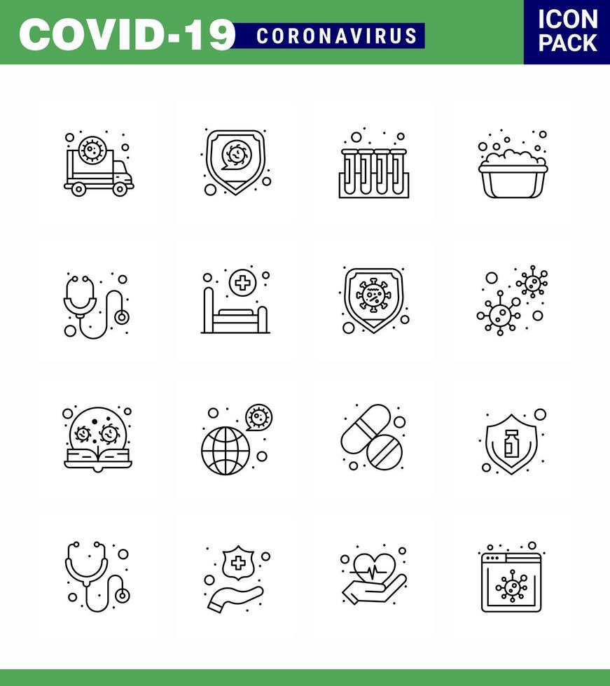 16-zeiliges Virus-Corona-Icon-Pack wie Seifenbecken-Virus-Handwaschrohre für das Gesundheitswesen Virus-Coronavirus 2019nov-Krankheitsvektor-Designelemente vektor