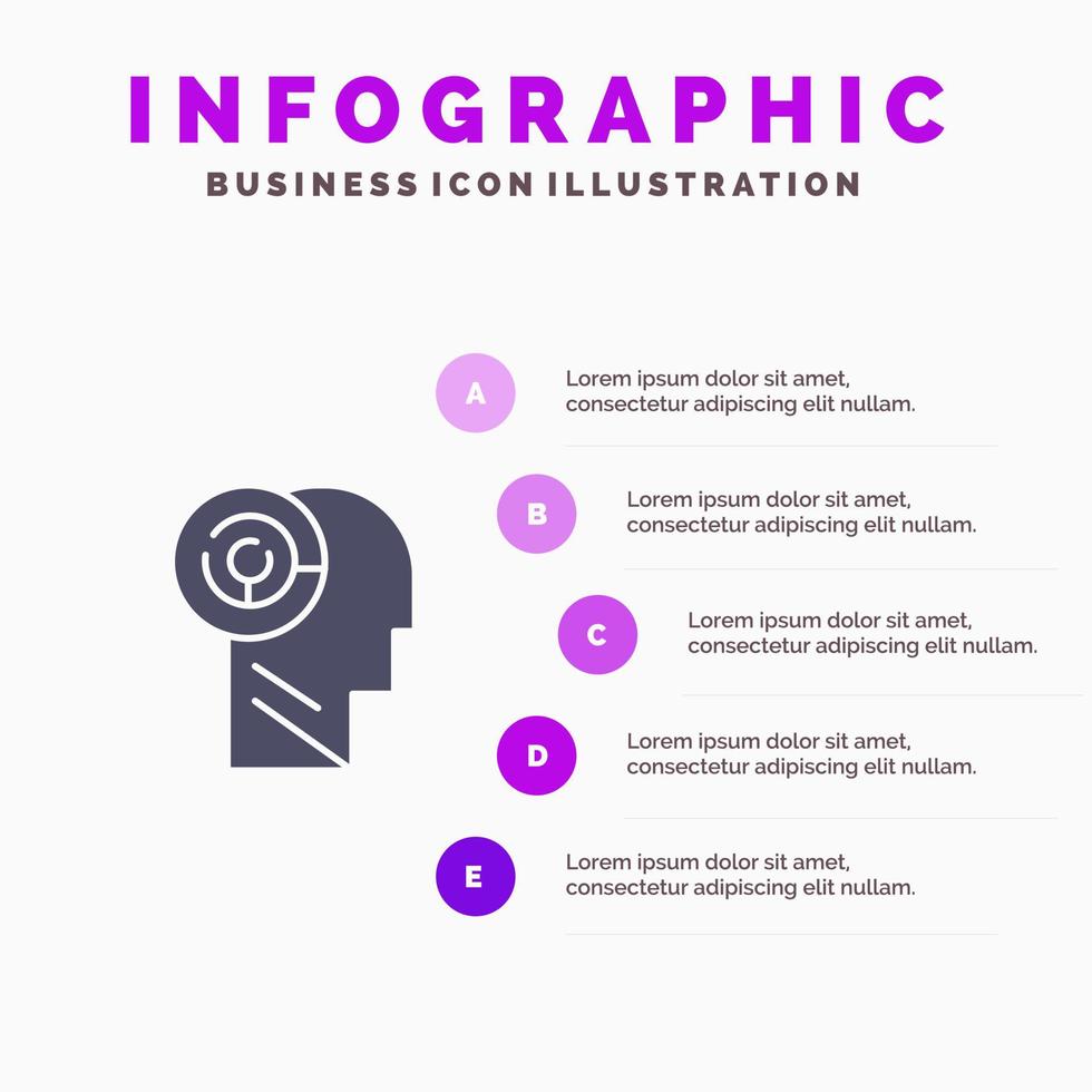 Kopfspiele Verstand Ziel festes Symbol Infografiken 5 Schritte Präsentationshintergrund vektor