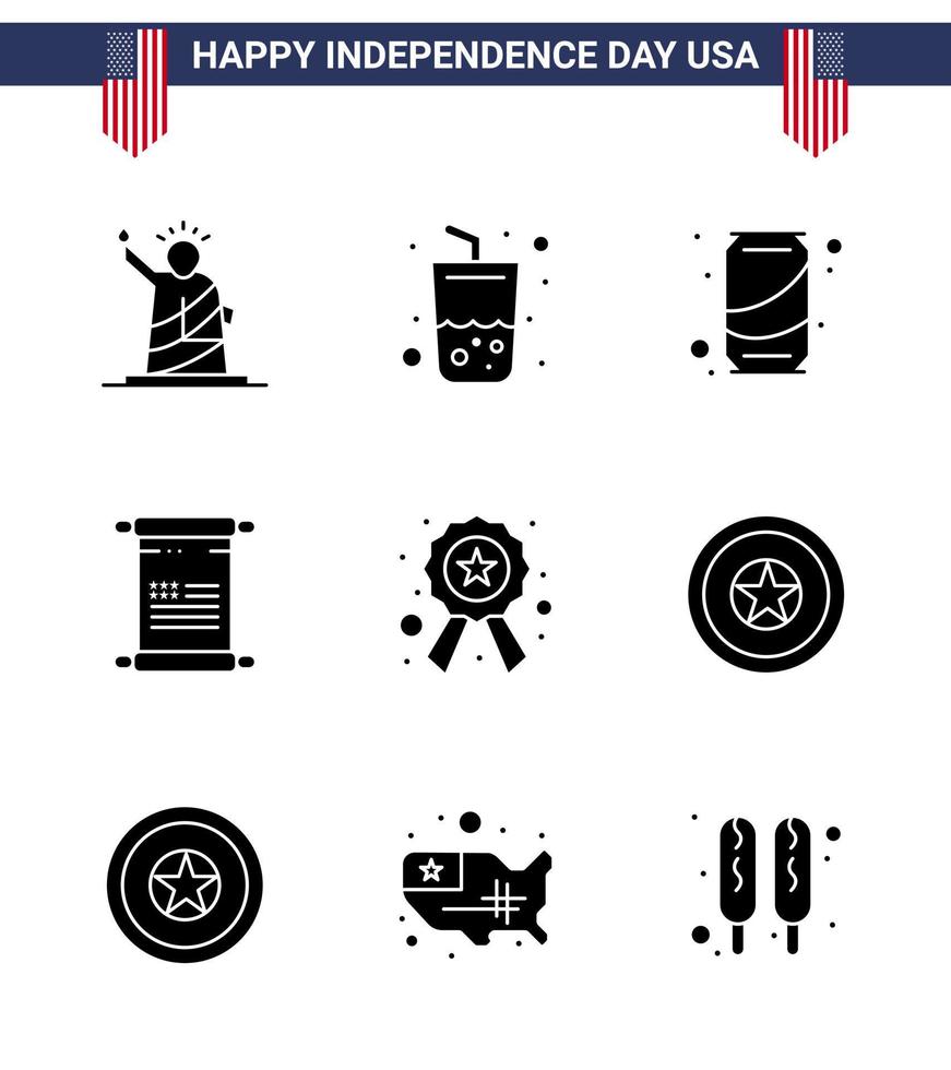 glücklicher unabhängigkeitstag usa paket mit 9 kreativen soliden glyphen des abzeichens american cola text cola editierbare usa day vektordesignelemente vektor