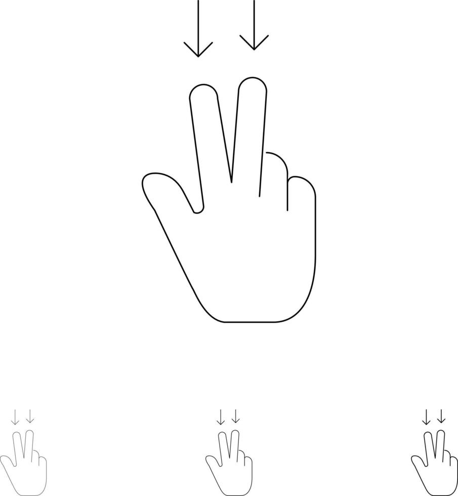 fingrar gest ner djärv och tunn svart linje ikon uppsättning vektor