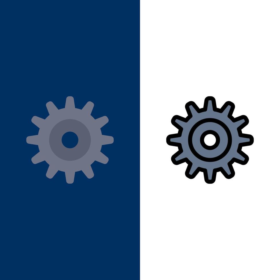 Getriebe Einstellrad Symbole flach und Linie gefüllt Icon Set Vektor blauen Hintergrund