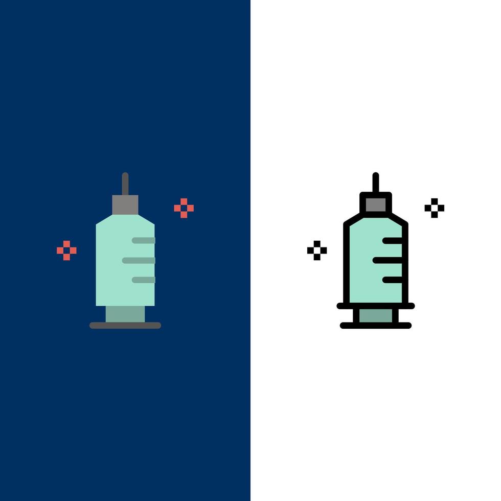 Chemie Medizin Apotheke Spritze Symbole flach und Linie gefüllt Icon Set Vektor blauen Hintergrund