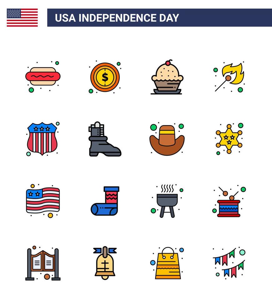 4:e juli USA Lycklig oberoende dag ikon symboler grupp av 16 modern platt fylld rader av bricka match kaka brand tacksägelse redigerbar USA dag vektor design element