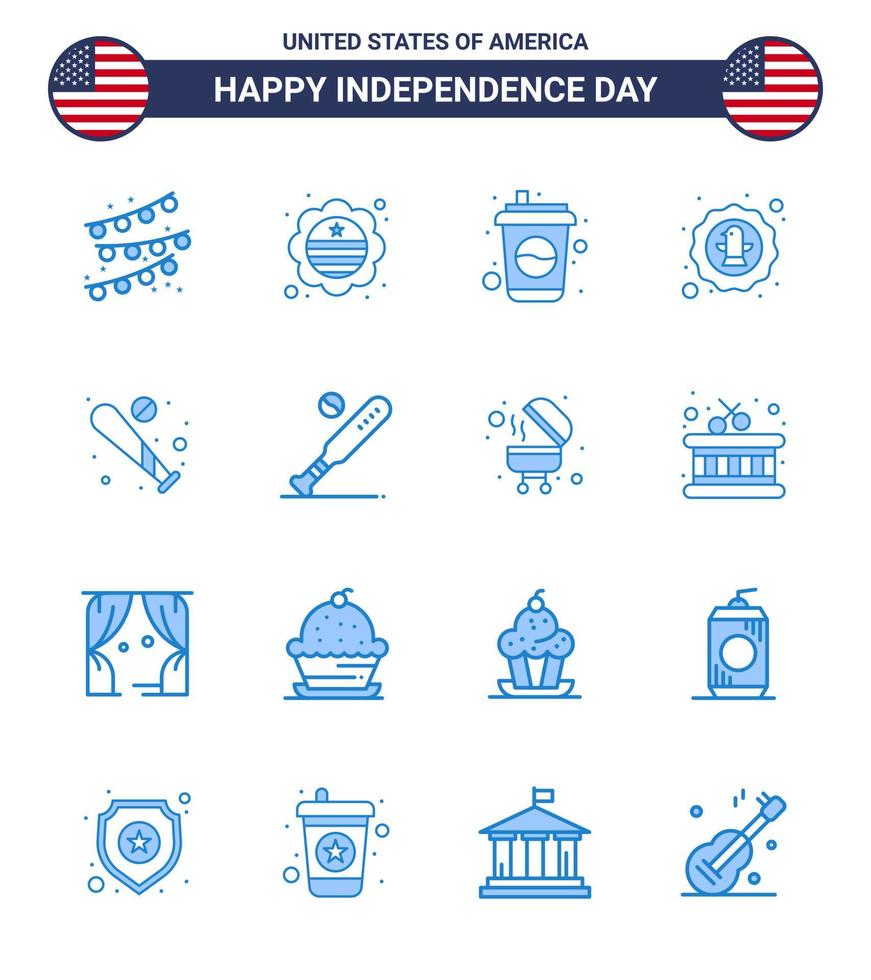 16 USA blå tecken oberoende dag firande symboler av baseboll bricka cola Örn fågel redigerbar USA dag vektor design element