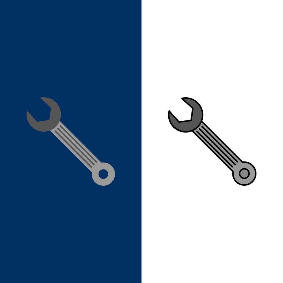 Schraubenschlüssel einstellbar Hochbau Reparatur Symbole flach und Linie gefüllt Symbolsatz Vektor blauen Hintergrund