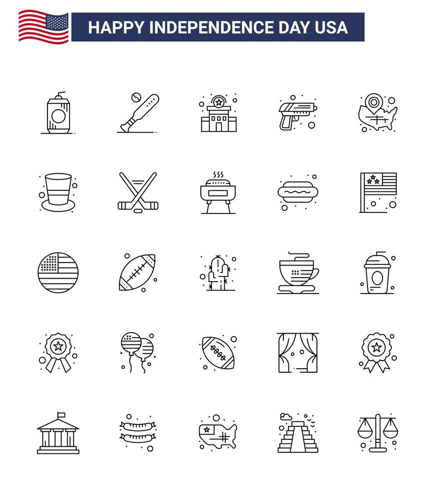 Happy Independence Day Pack mit 25 Linien Zeichen und Symbolen für Karte Armee USA Sicherheitspolizei Zeichen editierbare USA-Tag-Vektor-Design-Elemente vektor