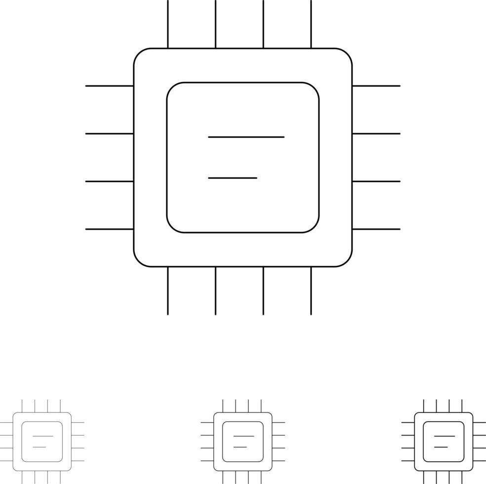 cpu mikrochip processor djärv och tunn svart linje ikon uppsättning vektor