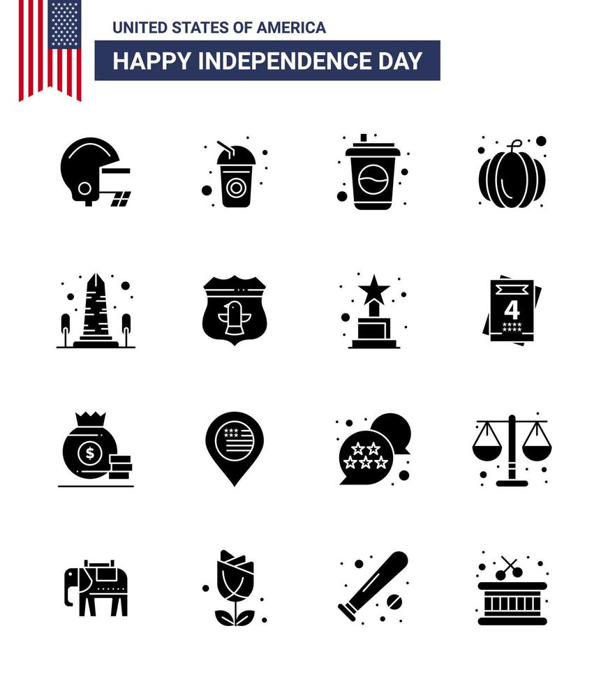 4:e juli USA Lycklig oberoende dag ikon symboler grupp av 16 modern fast glyfer av amerikan sheild pumpa Washington syn redigerbar USA dag vektor design element