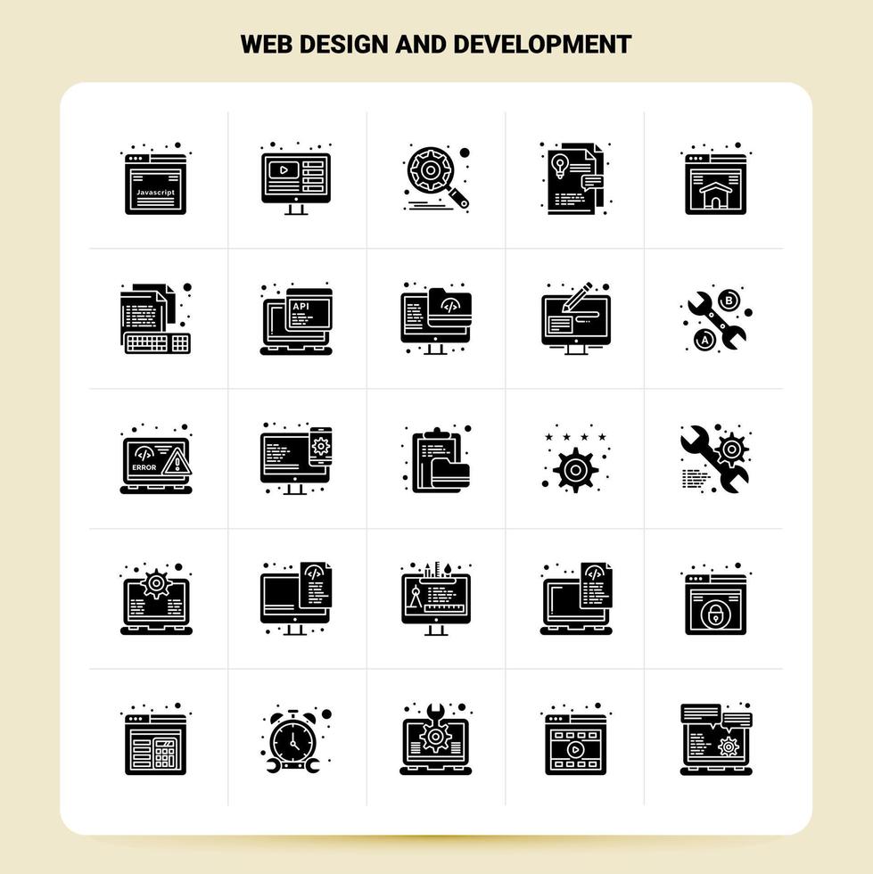 fast 25 webb design och utveckling ikon uppsättning vektor glyf stil design svart ikoner uppsättning webb och mobil företag idéer design vektor illustration