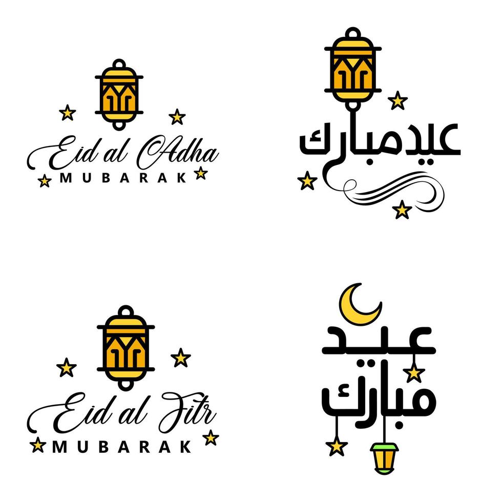 eid mubarak handskriven text vektor packa av 4 kalligrafi med stjärnor isolerat på vit bakgrund för din design