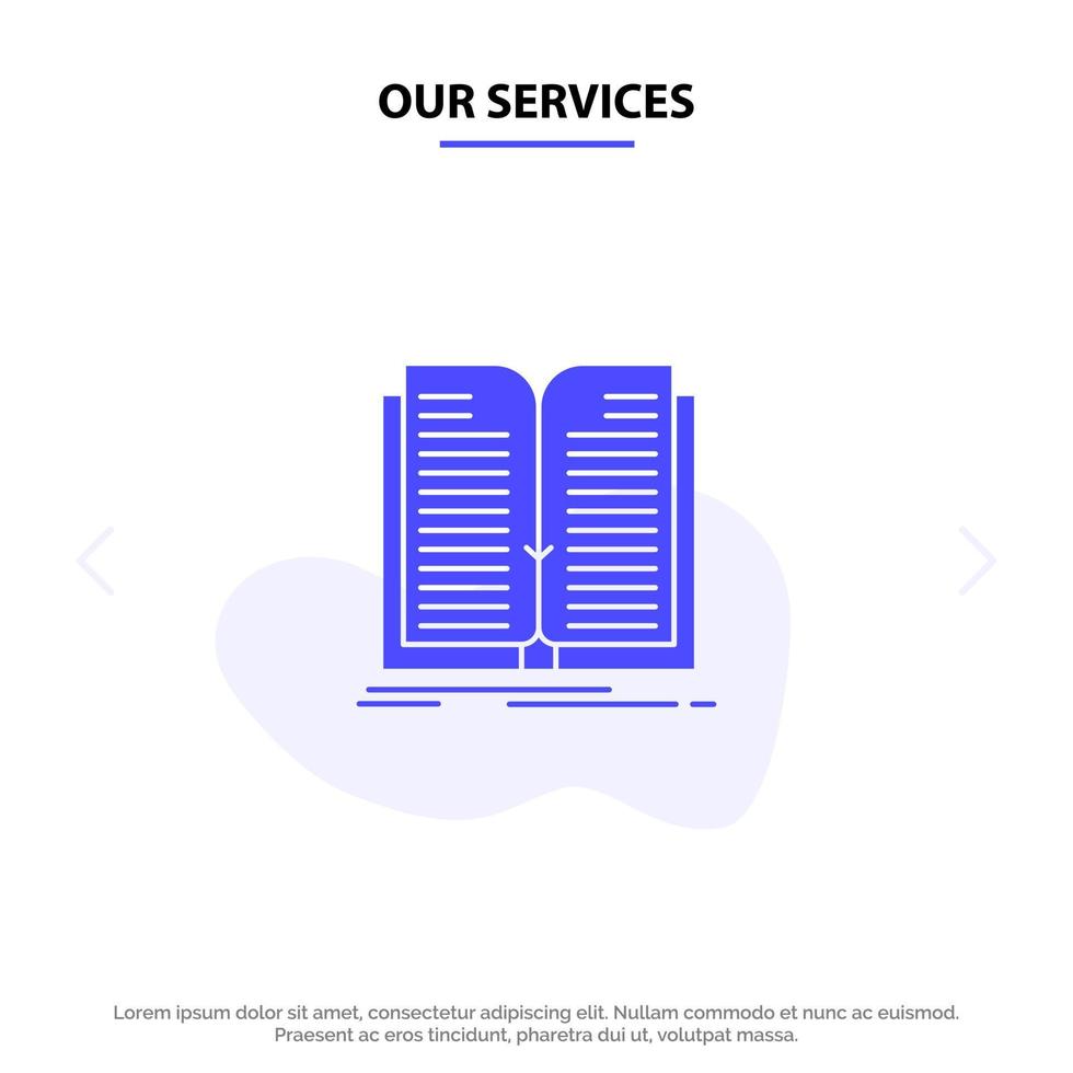 Unsere Dienstleistungen Anwendung Dateiübertragungsbuch solide Glyphensymbol Webkartenvorlage vektor