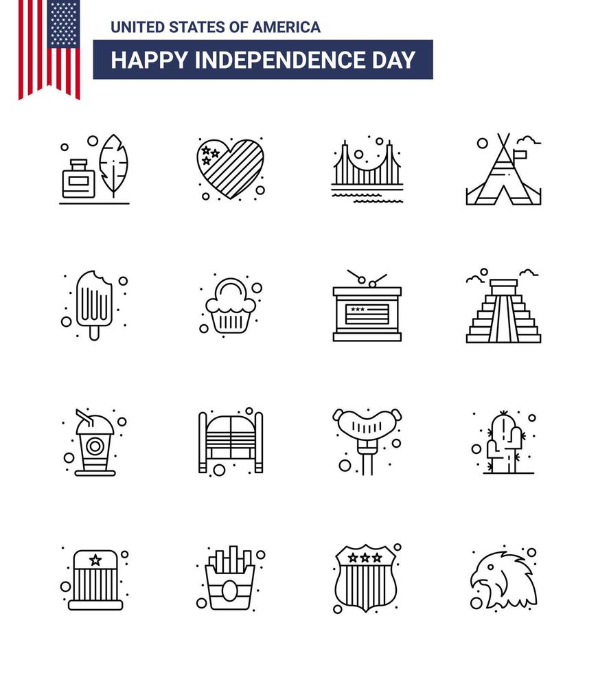 4:e juli USA Lycklig oberoende dag ikon symboler grupp av 16 modern rader av kall läger bro tält turism redigerbar USA dag vektor design element