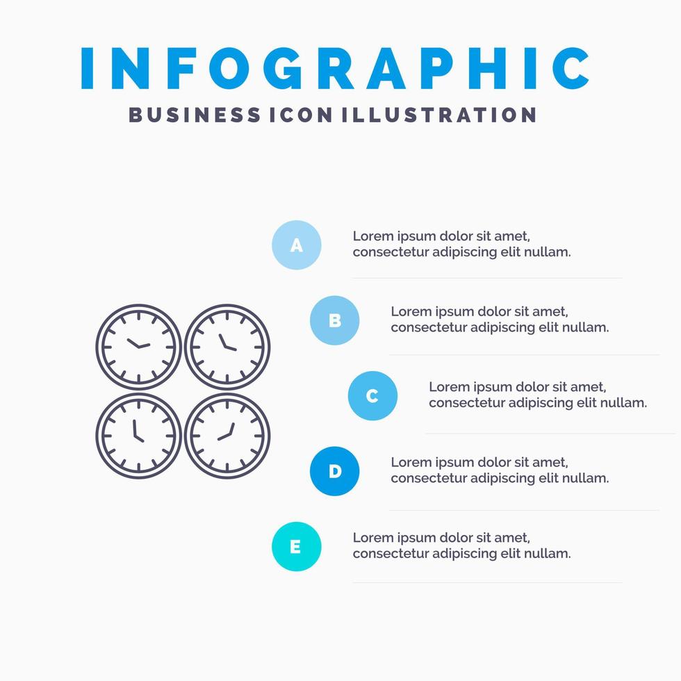 Uhr Geschäftsuhren Bürouhren Zeitzone Wanduhren Weltzeitlinie Symbol mit 5 Schritten Präsentation Infografiken Hintergrund vektor