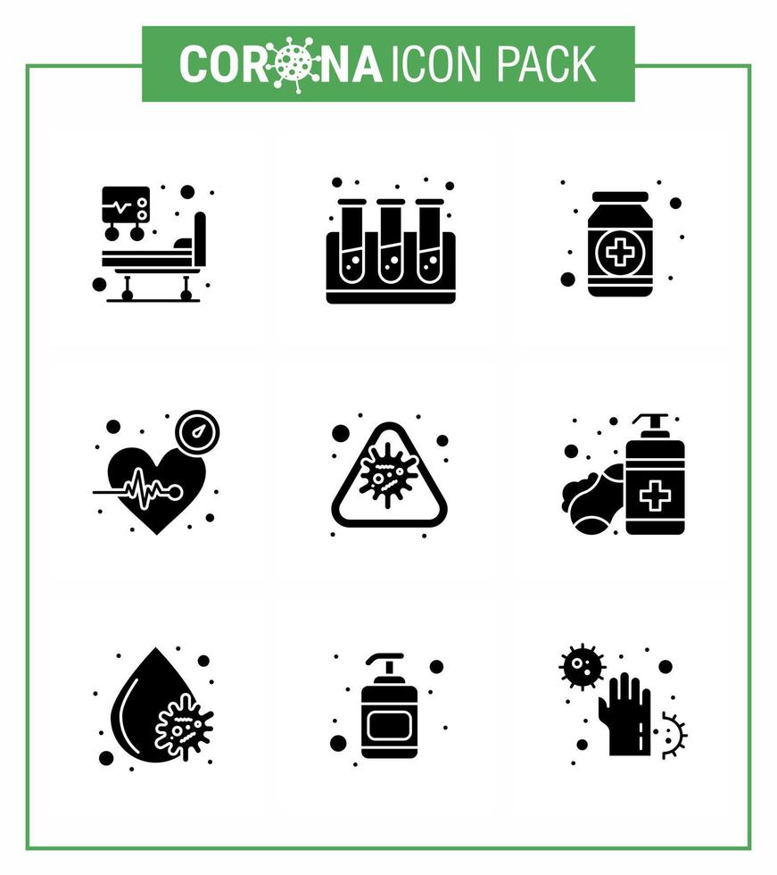 9 fast glyf svart coronavirus epidemi ikon packa suga som varna tid form puls slå viral coronavirus 2019 nov sjukdom vektor design element