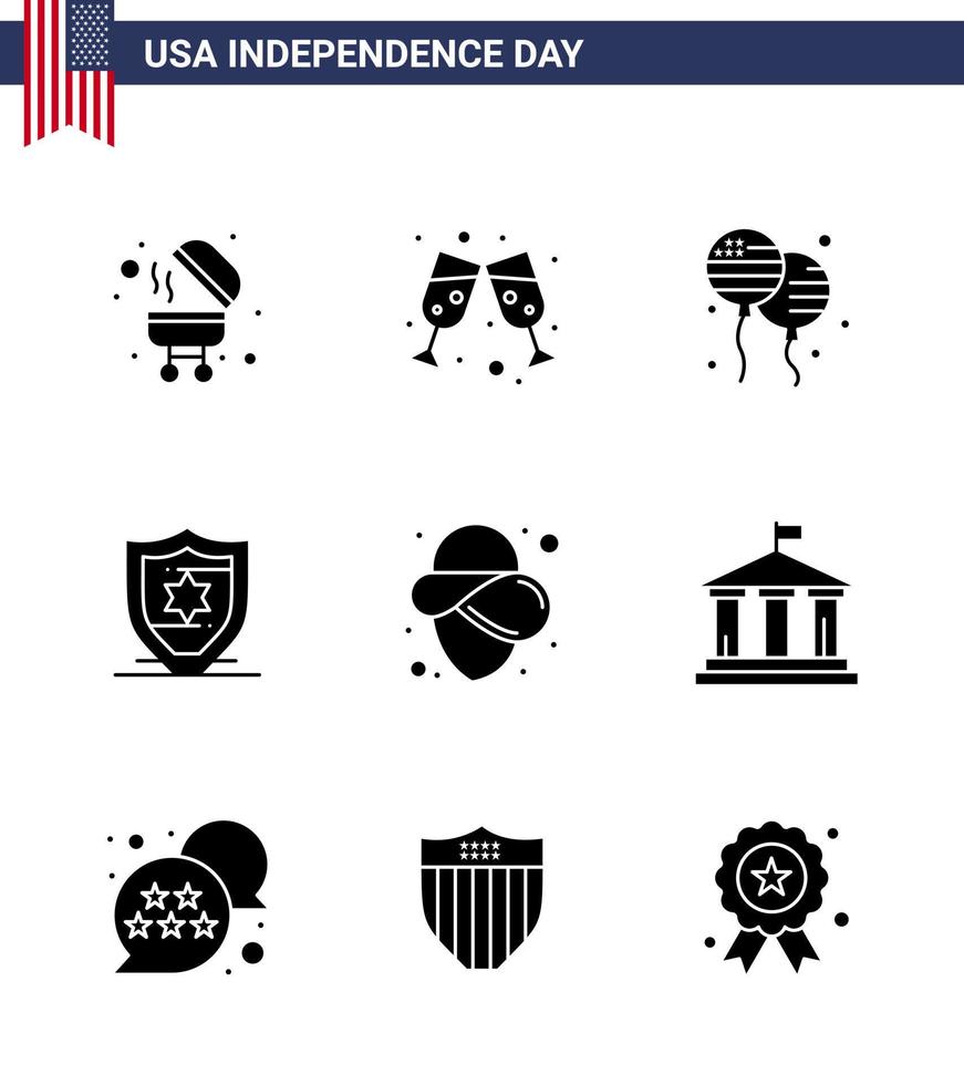 Lycklig oberoende dag USA packa av 9 kreativ fast glyfer av flagga hatt flyga cowboy skydda redigerbar USA dag vektor design element