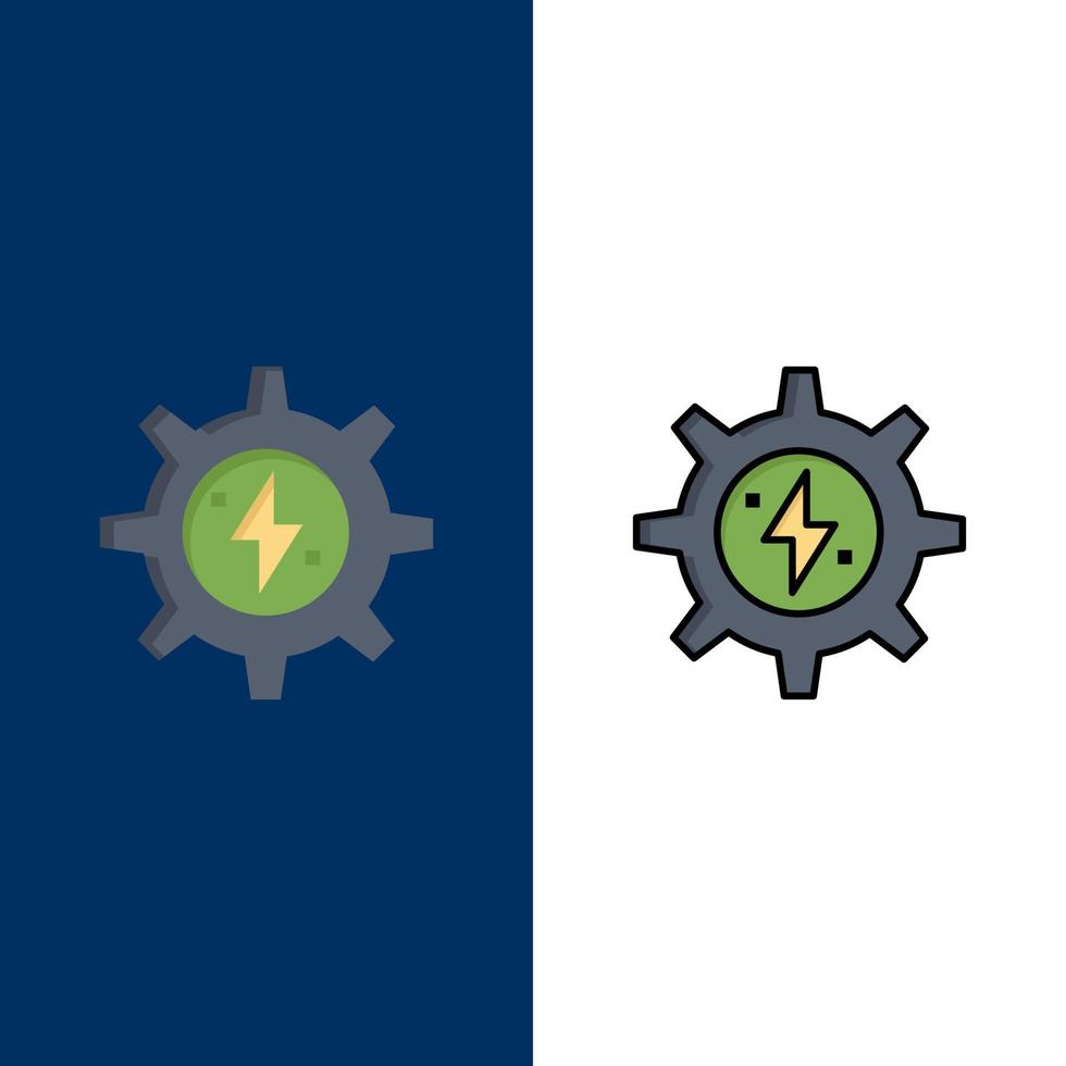 Getriebe Energie Solarenergie Symbole flach und Linie gefüllt Icon Set Vektor blauen Hintergrund