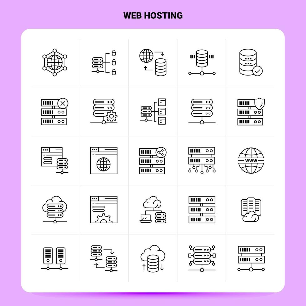 Umriss 25 Web-Hosting-Icon-Set Vektor-Linienstil-Design Schwarze Symbole setzen lineares Piktogramm-Paket Web- und mobile Geschäftsideen entwerfen Vektor-Illustration vektor