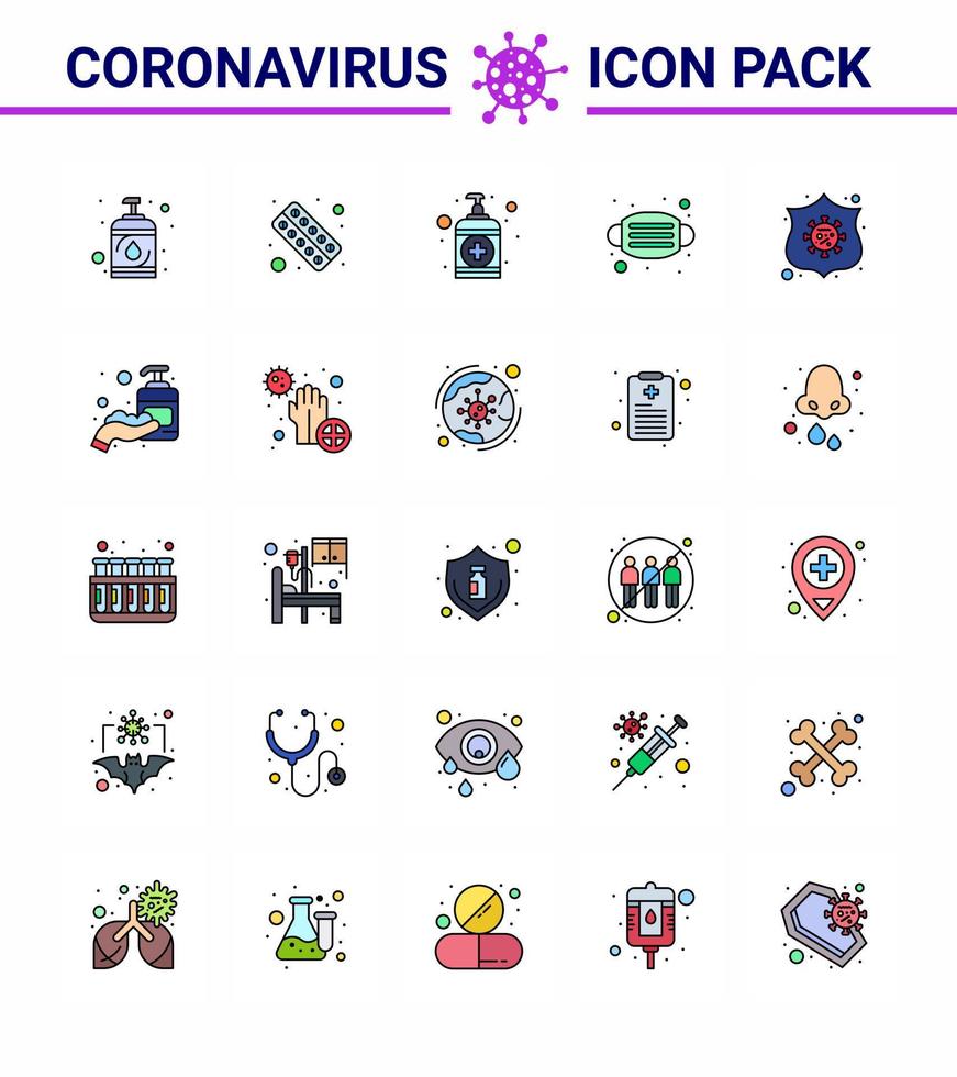 25 flache, farbig gefüllte Linien Coronavirus covid19 Icon Pack wie Sicherheitsmaske Medizin Gesichtswäsche Virus Coronavirus 2019nov Krankheitsvektor Designelemente vektor