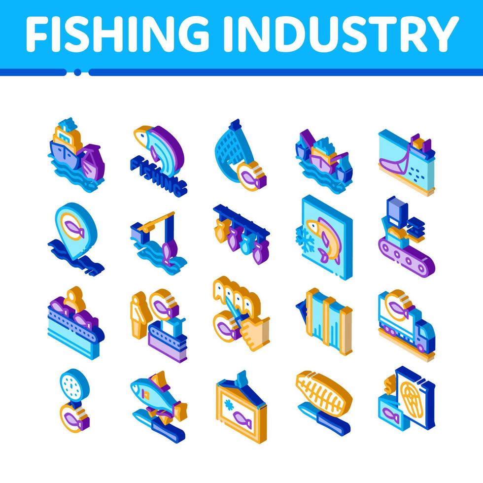 fiske industri företag bearbeta ikoner uppsättning vektor